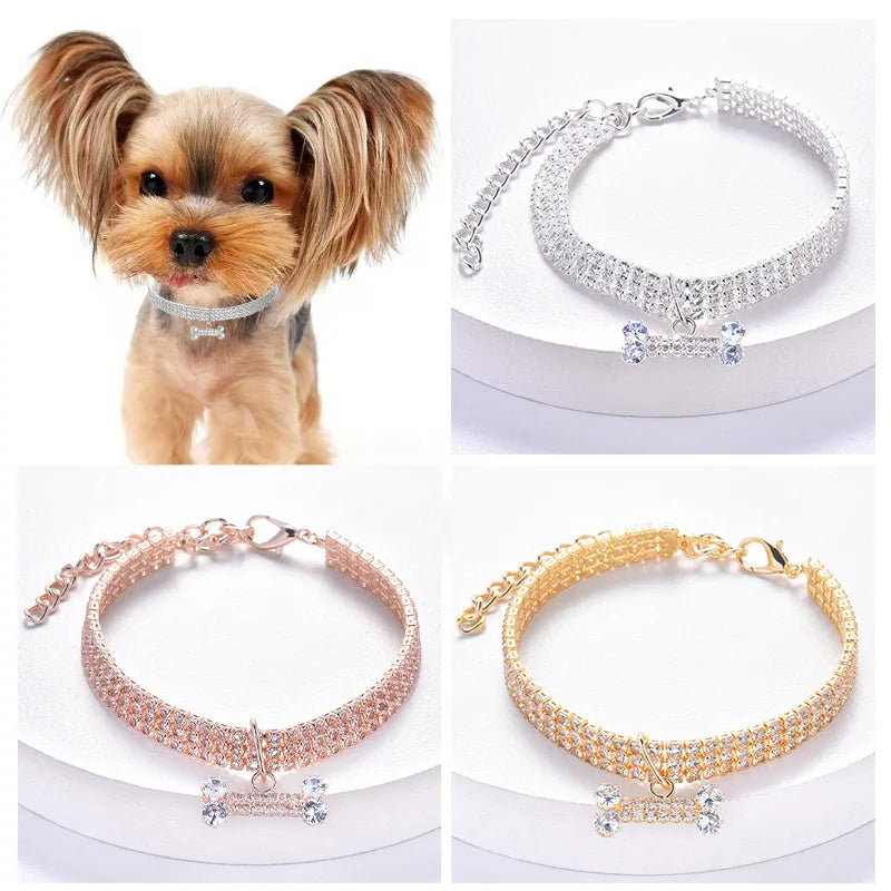 Luxury Adjustable Pet Necklace for Dogs & Cats – Crystal Rhinestone Collar with Bone Pendant