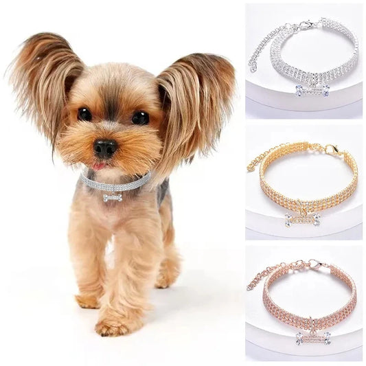 Luxury Adjustable Pet Necklace for Dogs & Cats – Crystal Rhinestone Collar with Bone Pendant