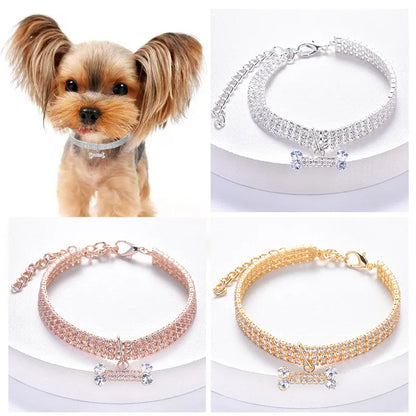 Luxury Adjustable Pet Necklace for Dogs & Cats – Crystal Rhinestone Collar with Bone Pendant