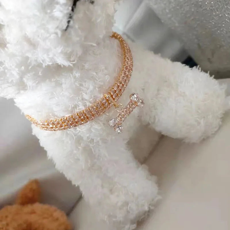 Luxury Adjustable Pet Necklace for Dogs & Cats – Crystal Rhinestone Collar with Bone Pendant