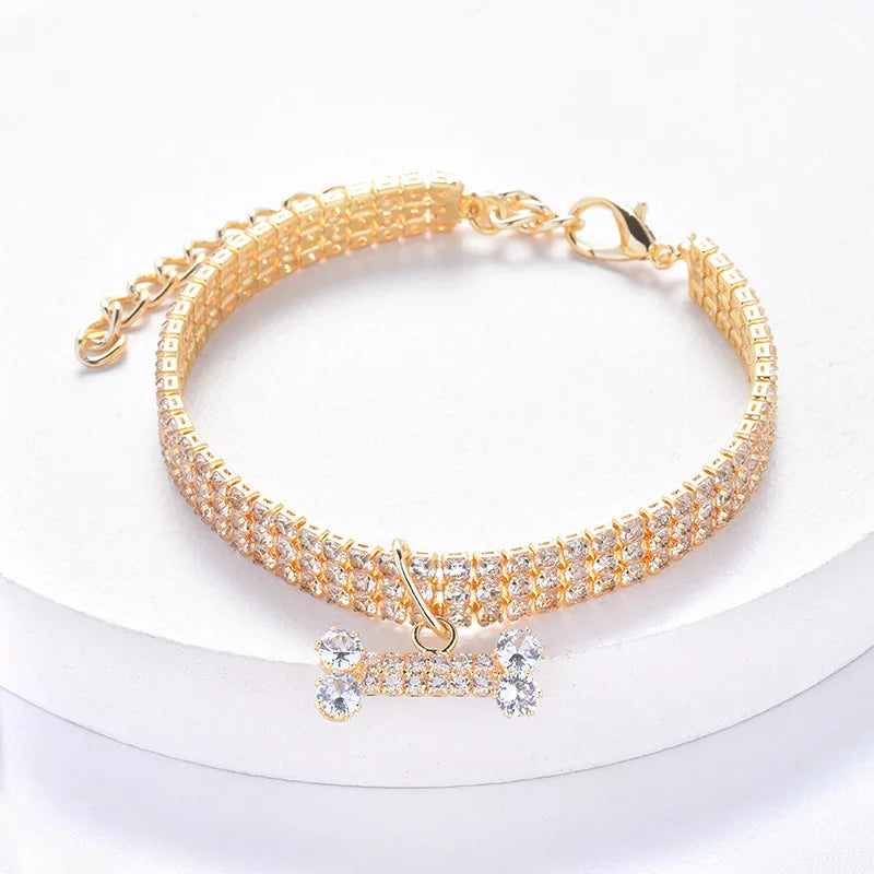 Luxury Adjustable Pet Necklace for Dogs & Cats – Crystal Rhinestone Collar with Bone Pendant