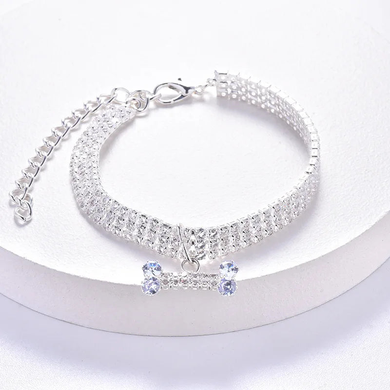 Luxury Adjustable Pet Necklace for Dogs & Cats – Crystal Rhinestone Collar with Bone Pendant