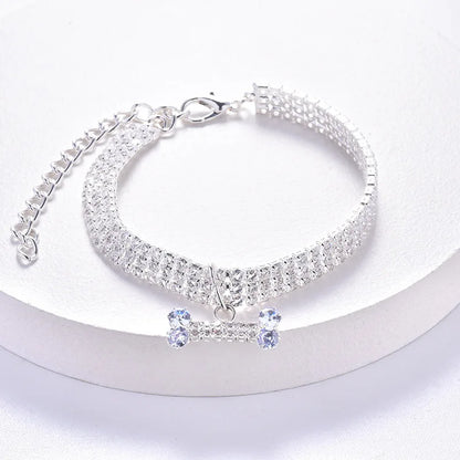 Luxury Adjustable Pet Necklace for Dogs & Cats – Crystal Rhinestone Collar with Bone Pendant