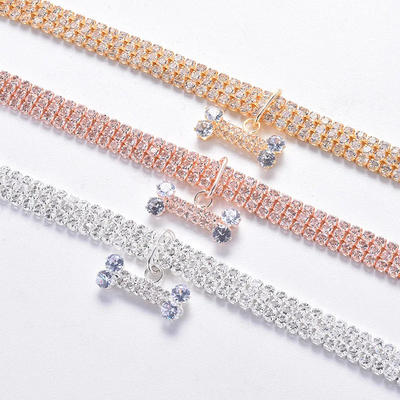 Luxury Adjustable Pet Necklace for Dogs & Cats – Crystal Rhinestone Collar with Bone Pendant