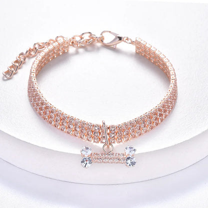 Luxury Adjustable Pet Necklace for Dogs & Cats – Crystal Rhinestone Collar with Bone Pendant