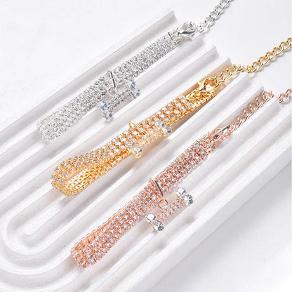 Luxury Adjustable Pet Necklace for Dogs & Cats – Crystal Rhinestone Collar with Bone Pendant