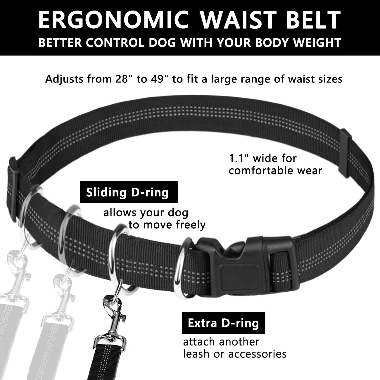 Adjustable ergonomic dog waist belt (28-49 inches) with sliding D-ring for freedom and extra D-ring for accessories.