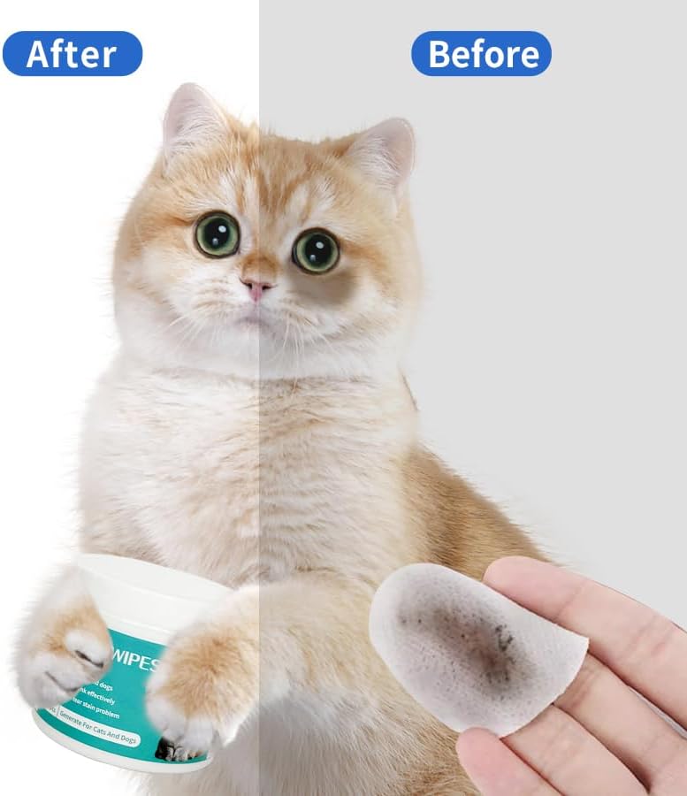 Before and after tear stain removal using dog eye wipes on cat.