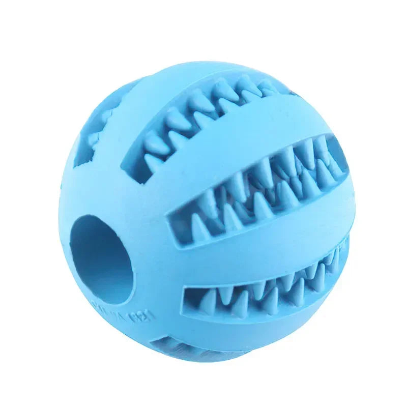 Blue dog treat ball with teeth-cleaning grooves for interactive play and slow feeding