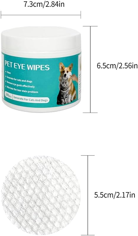 Dimensions of 100pcs dog eye wipes: 7.3 cm tub, 6.5 cm round wipe.