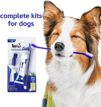 Dog tooth brushing kit with finger brush and beef-flavored toothpaste