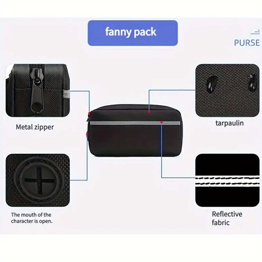 Ergonomic dog waist belt with attached fanny pack, metal zipper, and reflective tarpaulin material for outdoor activities.