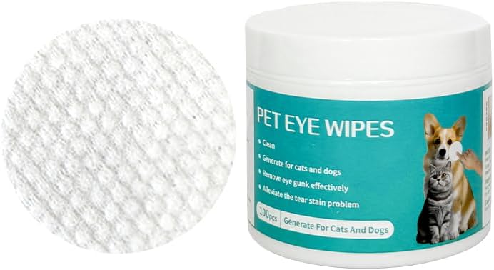 Dual-texture dog eye wipes tub with close‑up of pearl-textured cleaning pad.