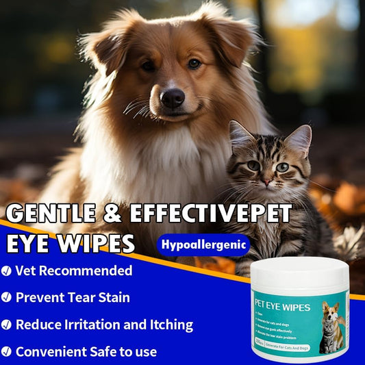 Gentle & effective eye cleaning wipes for dogs and cats, hypoallergenic vet recommended.