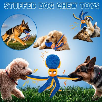 octopus dog toy with squeaker and crinkle tentacles