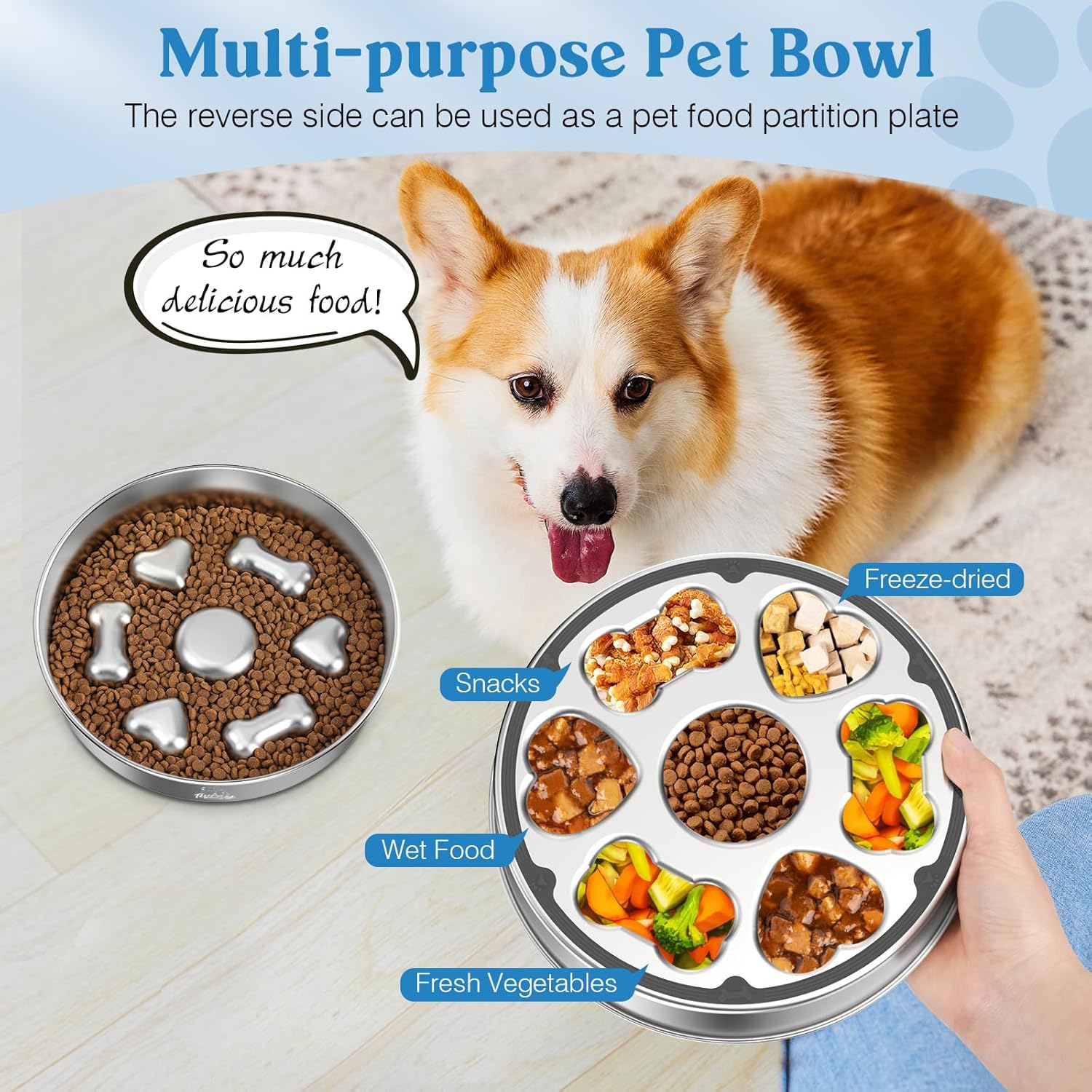 Top view of stainless steel slow feed dog bowl with heart design