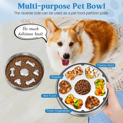 Top view of stainless steel slow feed dog bowl with heart design