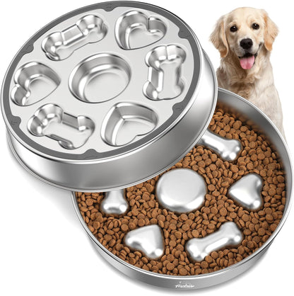 Stainless steel slow feeder dog bowl with heart and bone pattern
