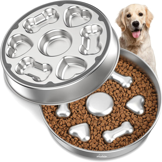 Stainless steel slow feeder dog bowl with heart and bone pattern